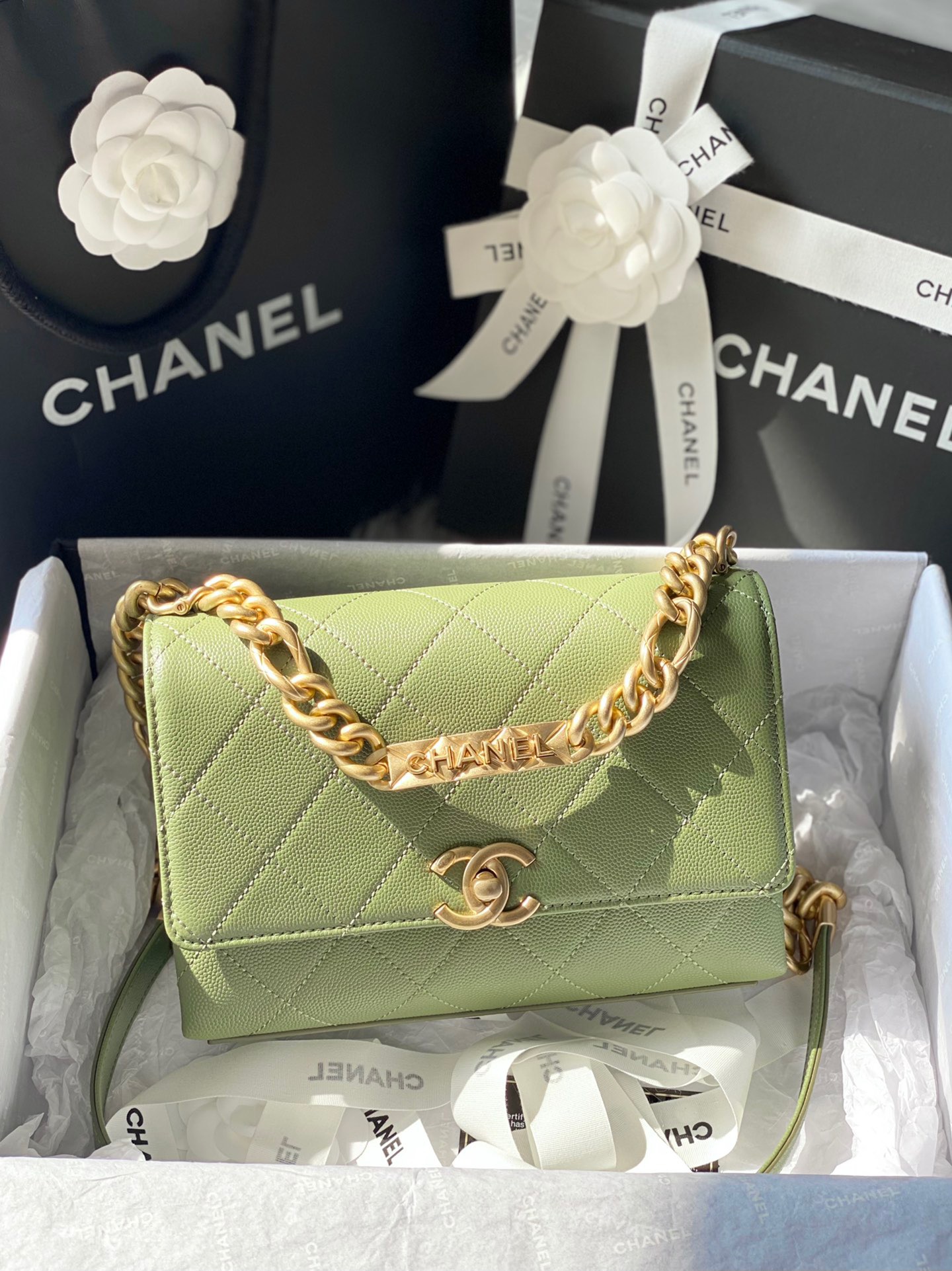 Ch**el mini flap bag gold-tone metal green as2711 19.5 x 14 x 9 cm