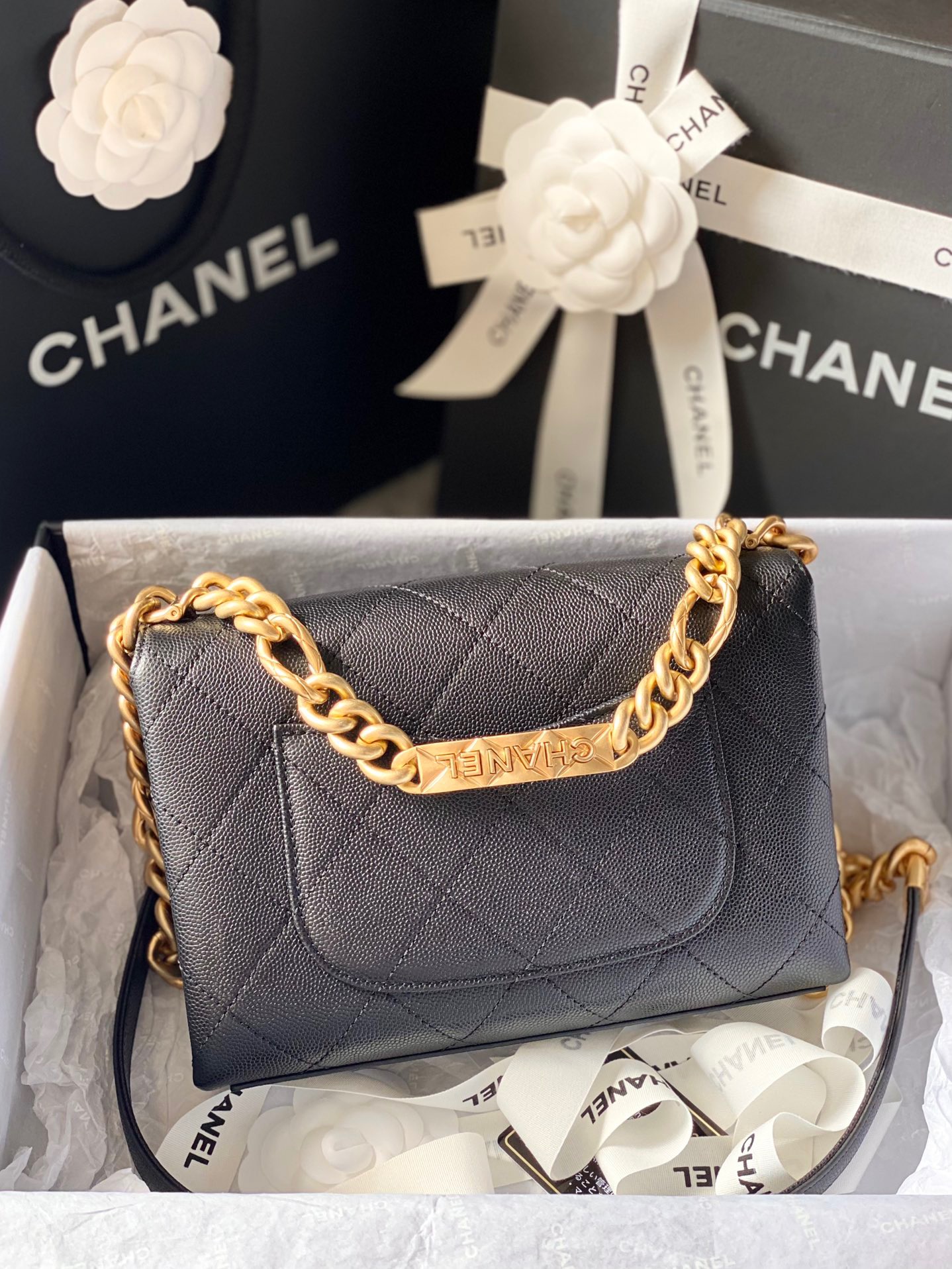 Ch**el mini flap bag gold-tone metal black as2711 19.5 x 14 x 9 cm