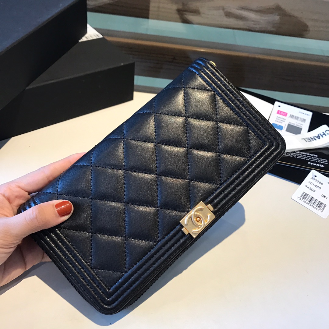 Ch**el boy long zipped wallet gold metal black a80815 19cm