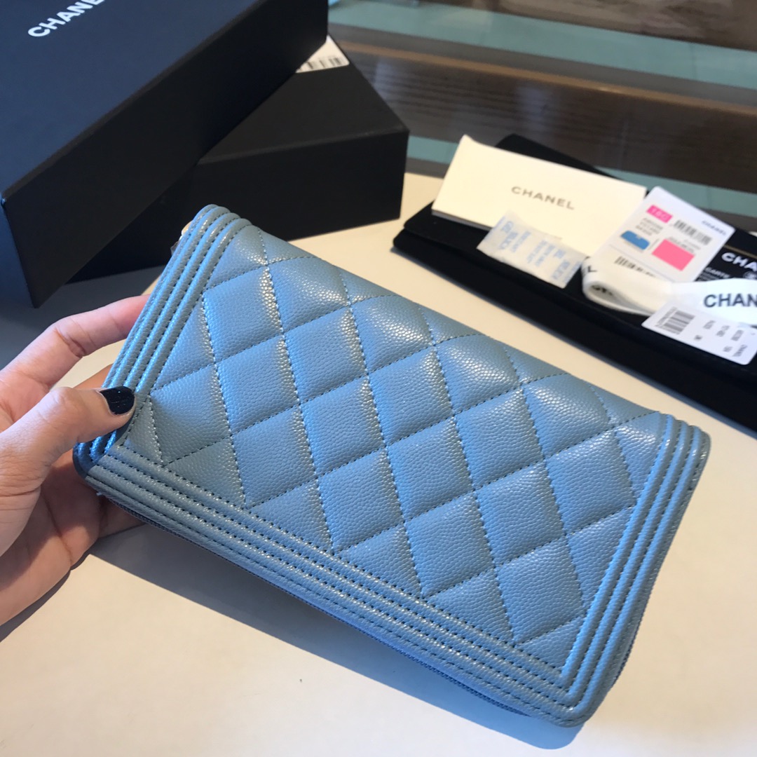 Ch**el boy long zipped wallet grained leather sky blue a80815 19cm