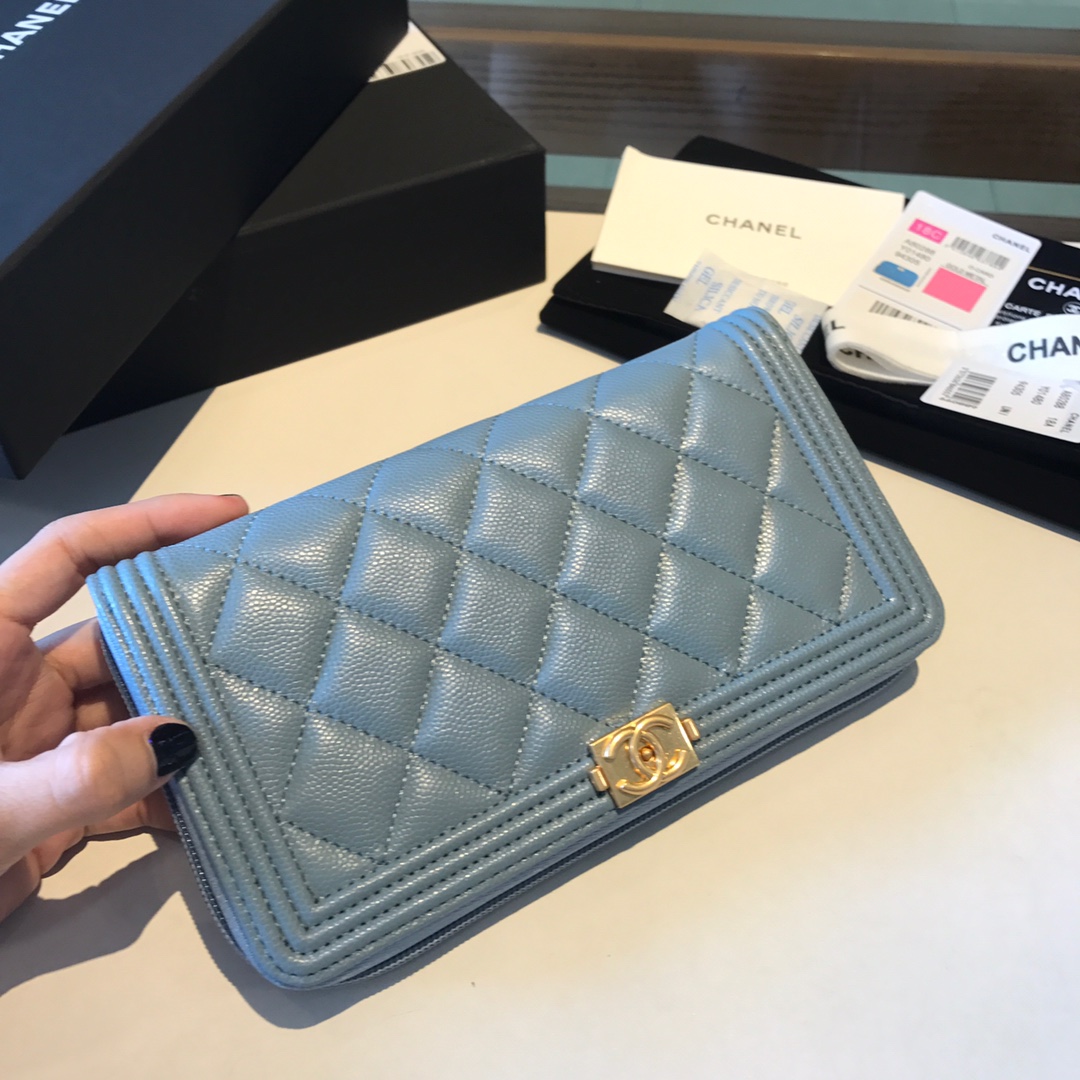 Ch**el boy long zipped wallet grained leather sky blue a80815 19cm