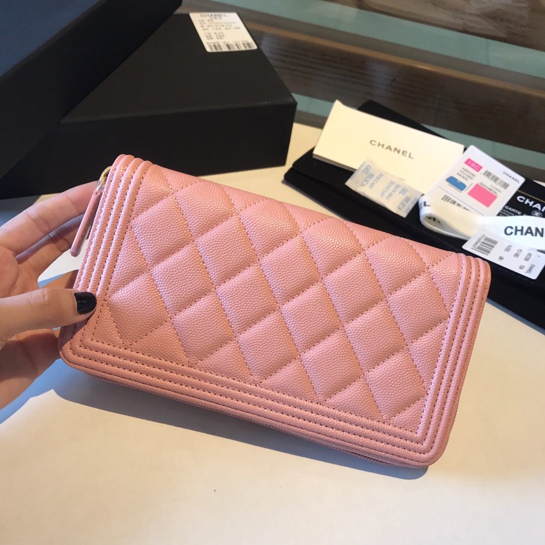 Ch**el boy long zipped wallet grained leather powder pink a80815 19cm