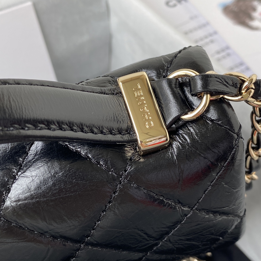 Ch**el mini flap bag with top handle crumpled leather black as2892 20 x 15 x 6.5 cm