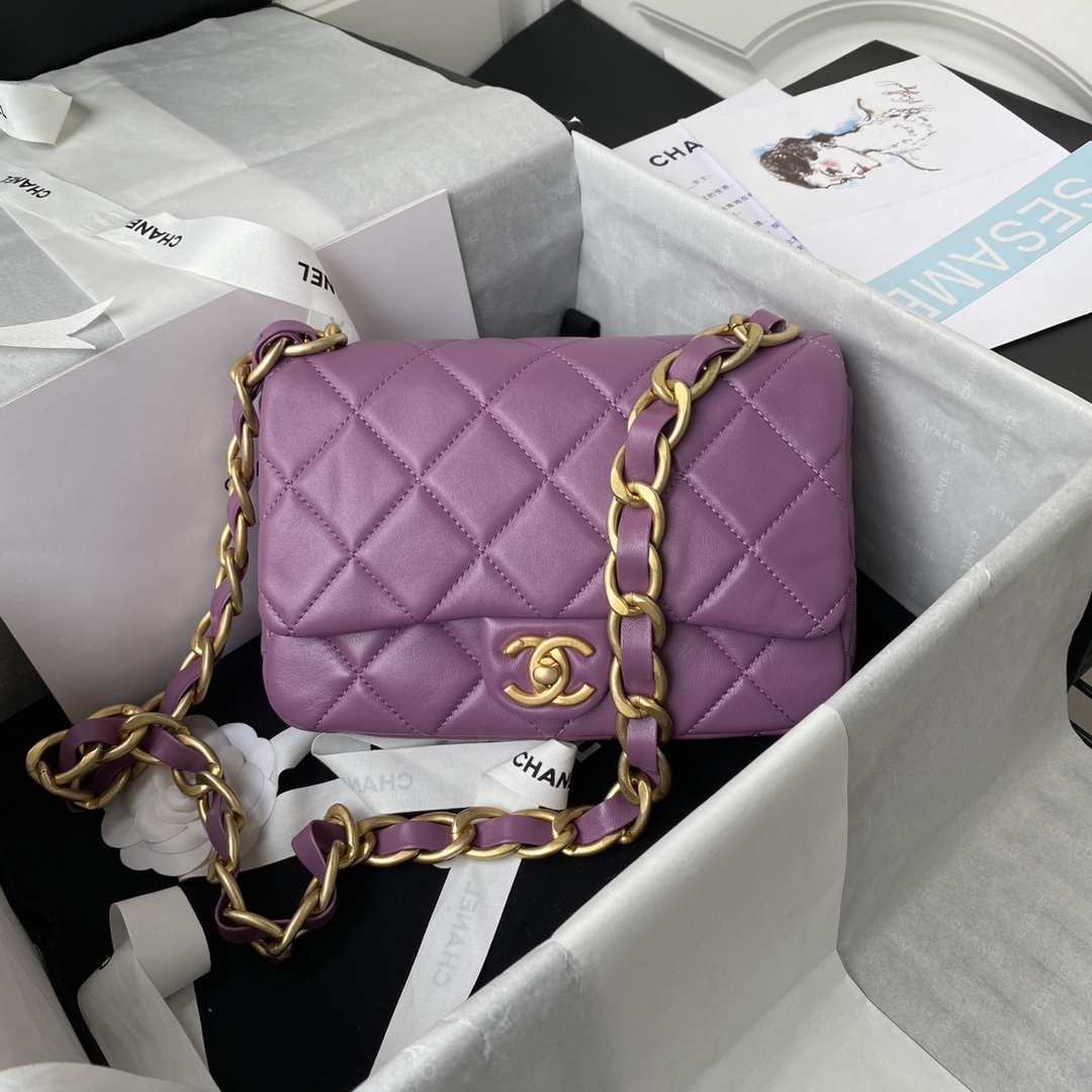 Ch**el flap bag with big chain leather purle 22 × 5 × 15.5 cm