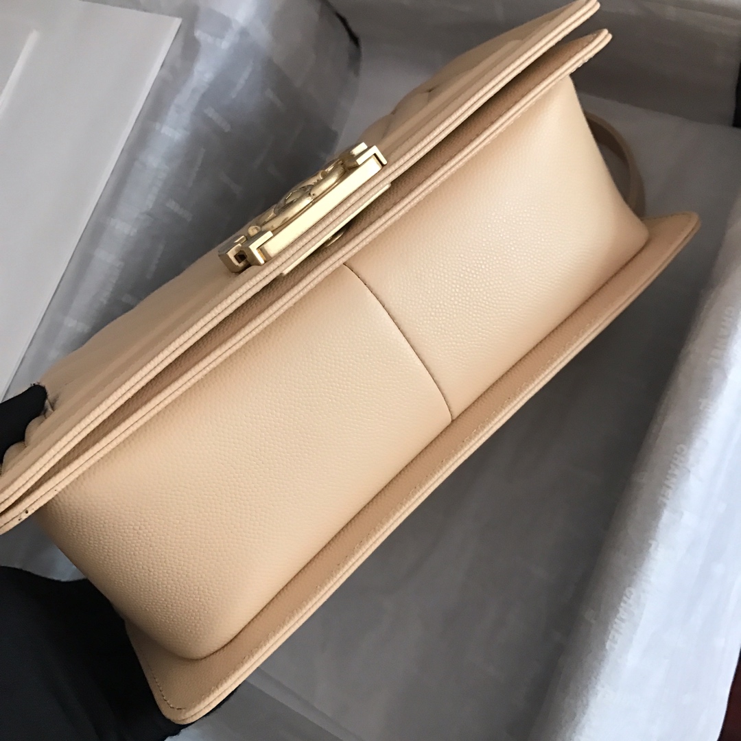 Ch**el medium boy bag chevron gold-tone metal grained leather light beige a67086 25cm