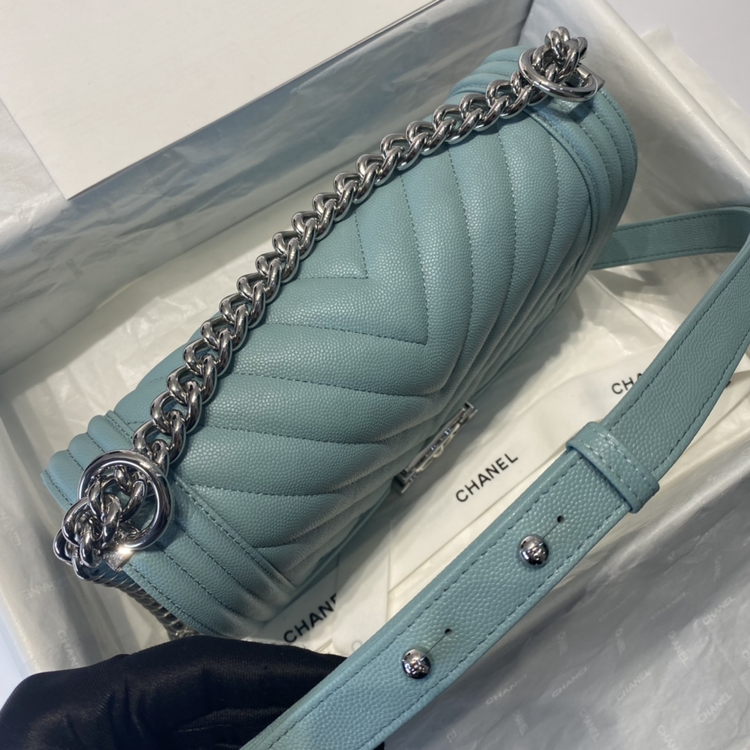 Ch**el medium boy bag chevron black-tone metal grained leather blue a67086 25cm