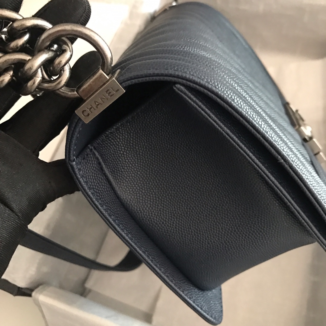 Ch**el medium boy bag chevron black-tone metal grained leather dark blue a67086 25cm