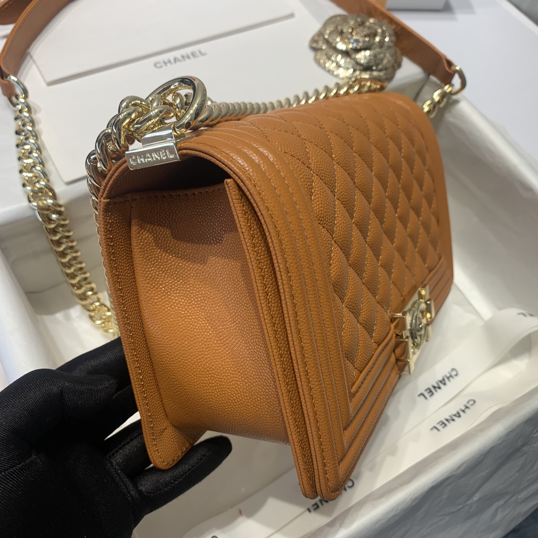 Ch**el medium boy bag classic gold-tone metal grained leather tan a67086 25cm