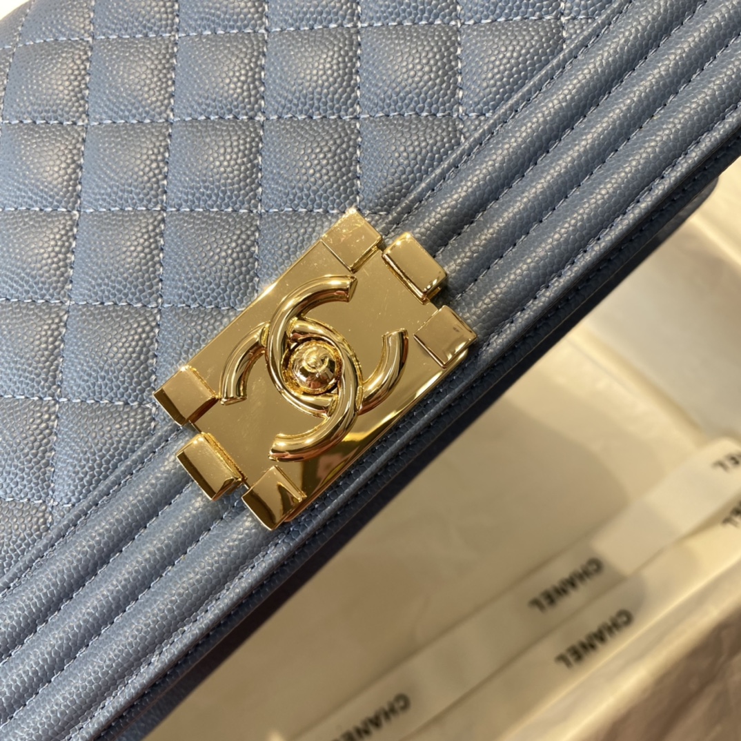 Ch**el medium boy bag classic gold-tone metal grained leather sky blue a67086 25cm