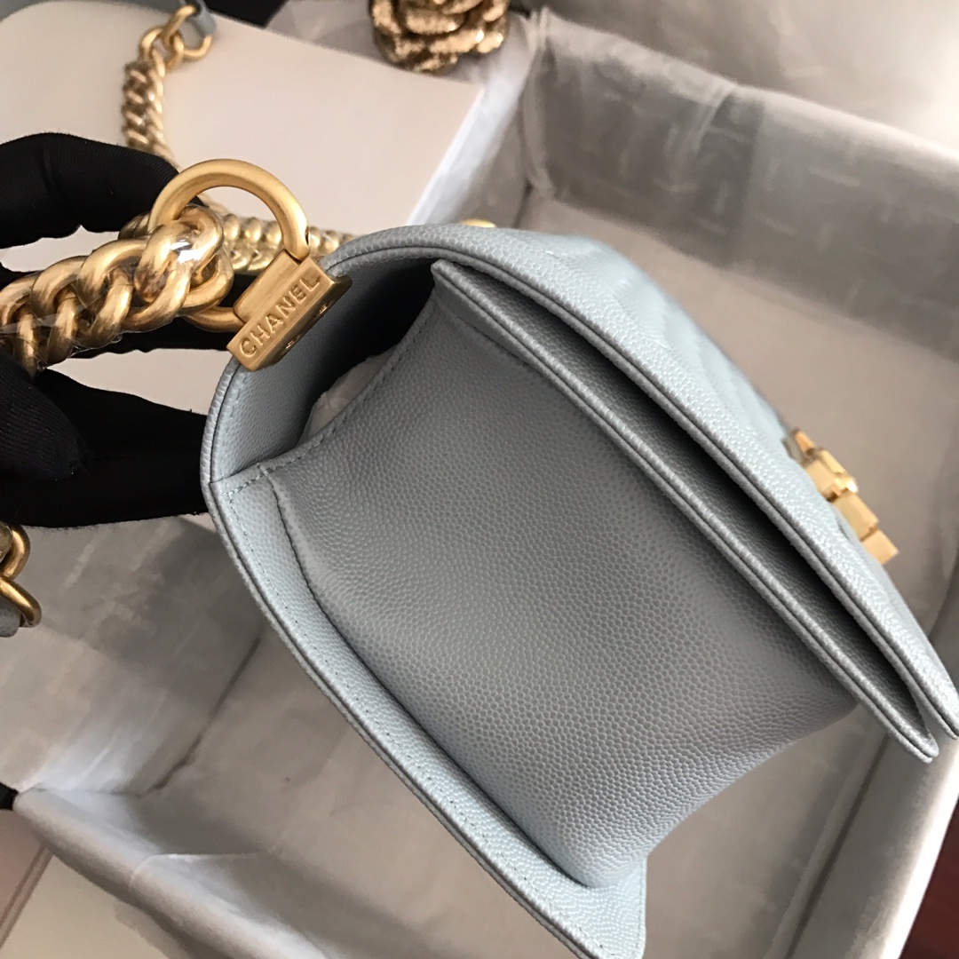 Ch**el medium boy bag classic gold-tone metal grained leather cornflower a67086 25cm