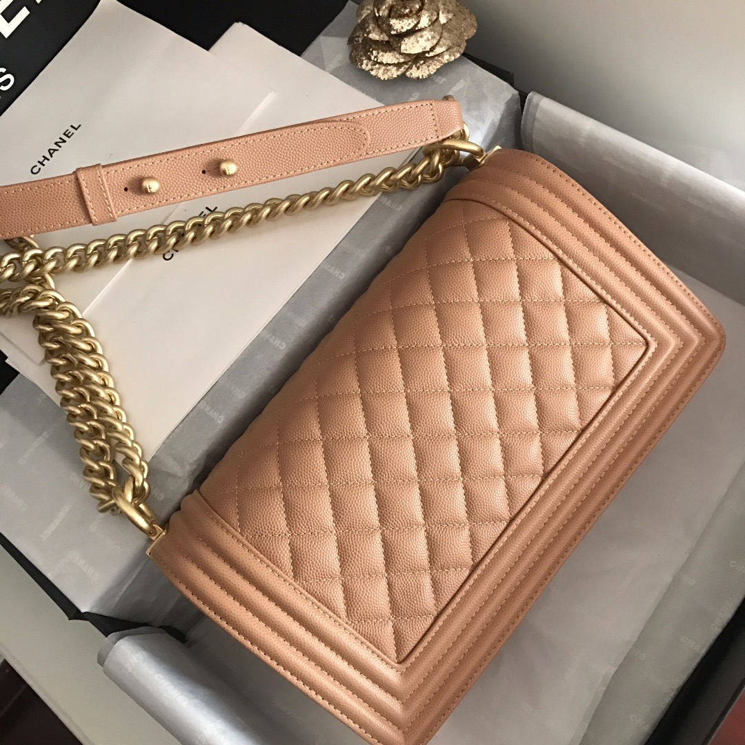 Ch**el medium boy bag classic gold-tone metal grained leather beige a67086 25cm