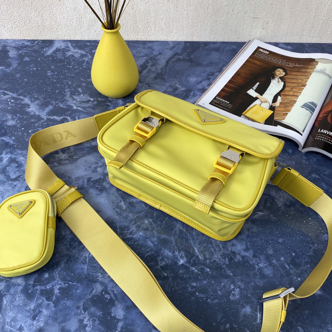 Pra*a re-nylon/saffiano leather shoulder bag yellow 2vd034 16 x 22 x 8.5 cm