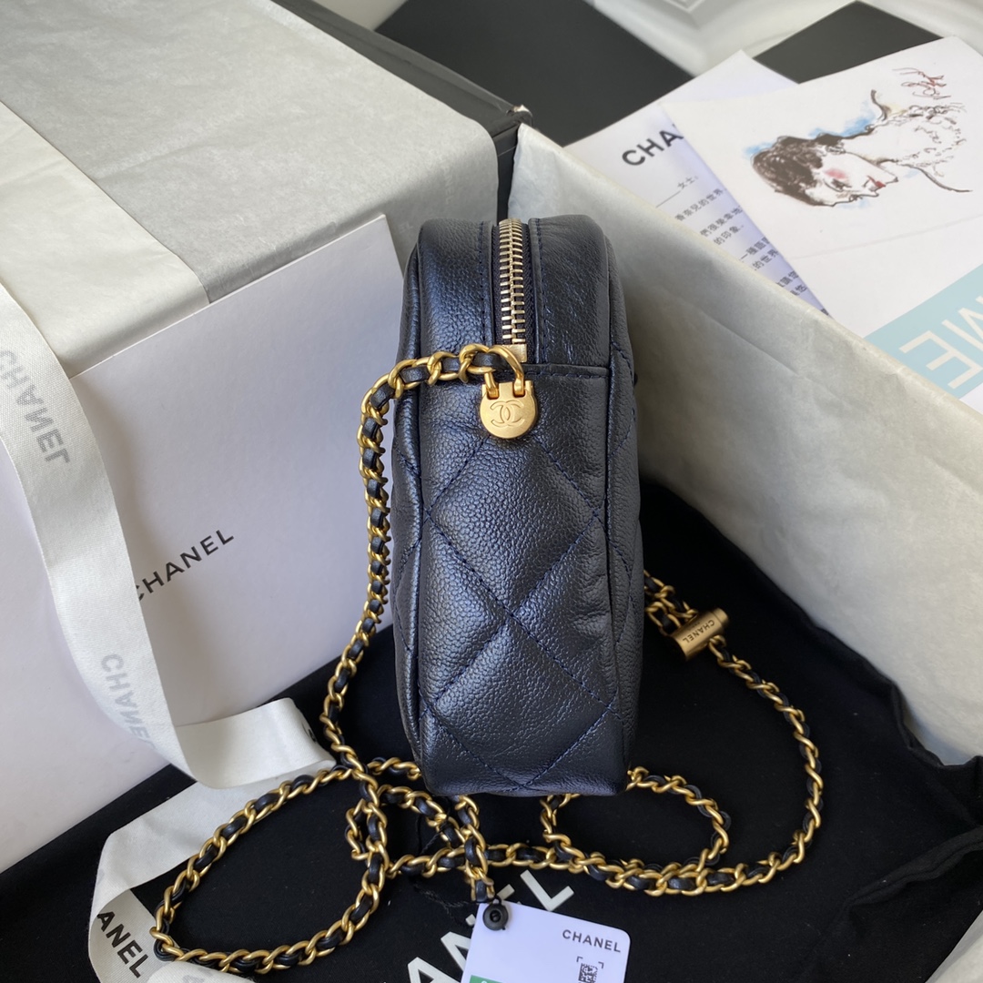 Ch**el mini camera case grained leather dark blue as2857 16 x 12 x 6 cm