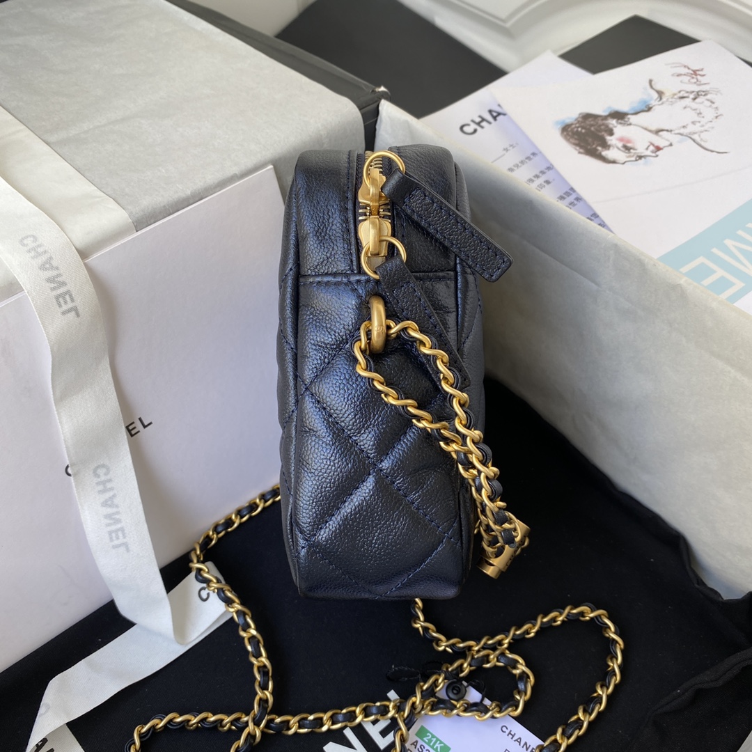 Ch**el mini camera case grained leather dark blue as2857 16 x 12 x 6 cm