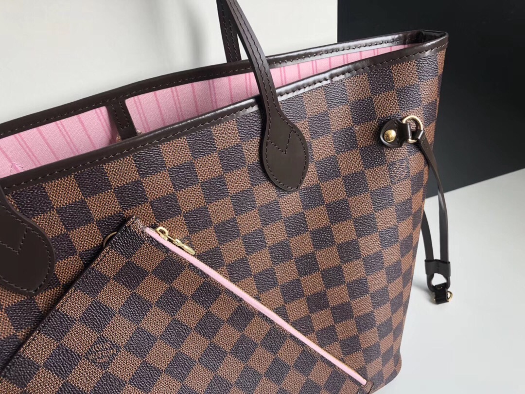 LV Neverfull shopping MM bag black check powder 32CM