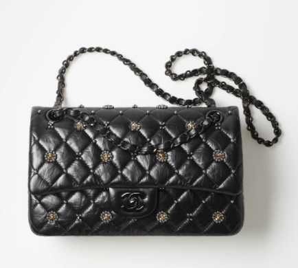 Ch**el classic handbag shiny crumpled calfskin black 25.5cm