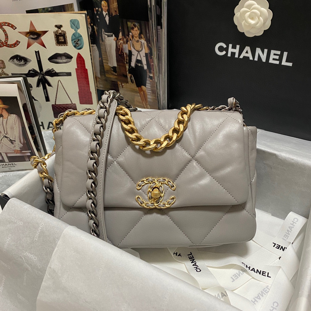 Ch**el 19 calfskin in grey-26×16×9cm