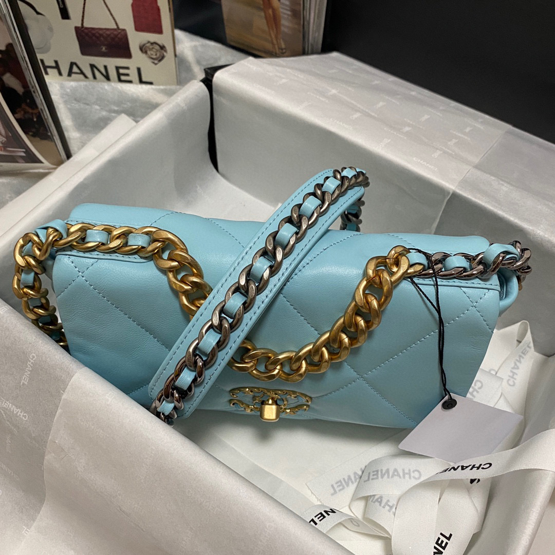 Ch**el 19 calfskin in blue-26×16×9cm