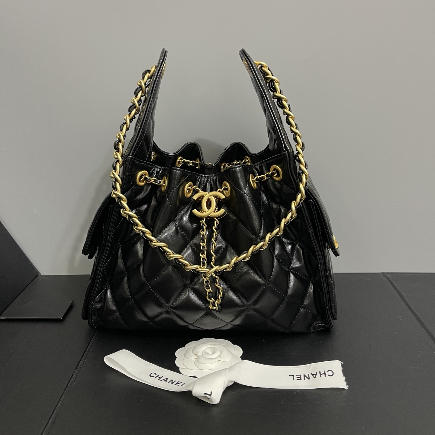 Ch**el 25c hobo black bright leather 30cm